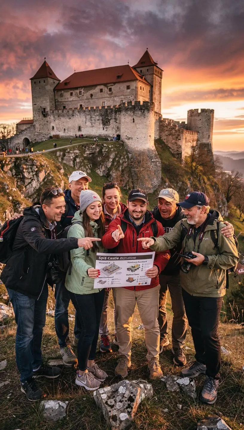 Group of friends exploring a quaint Slovakian town